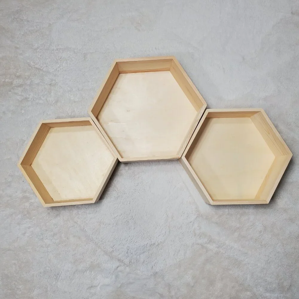 NWT Hexagon Wooden Tray Set Hexagon Wall Shelves Set of 3